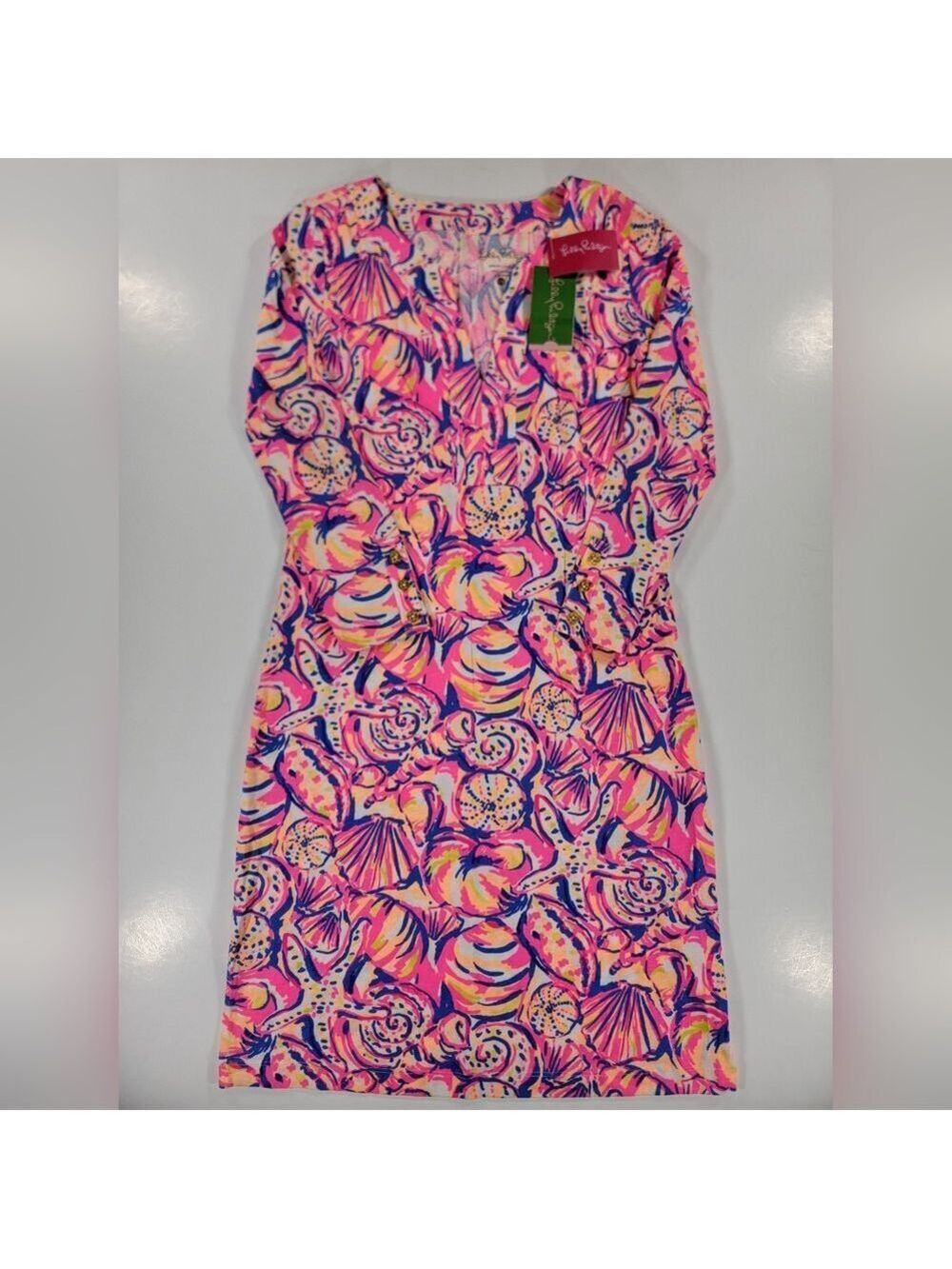 NEW Lilly Pulitzer Riva Dress Shell Of A Time Pink Pima 3/4 Sleeve Beach NWT